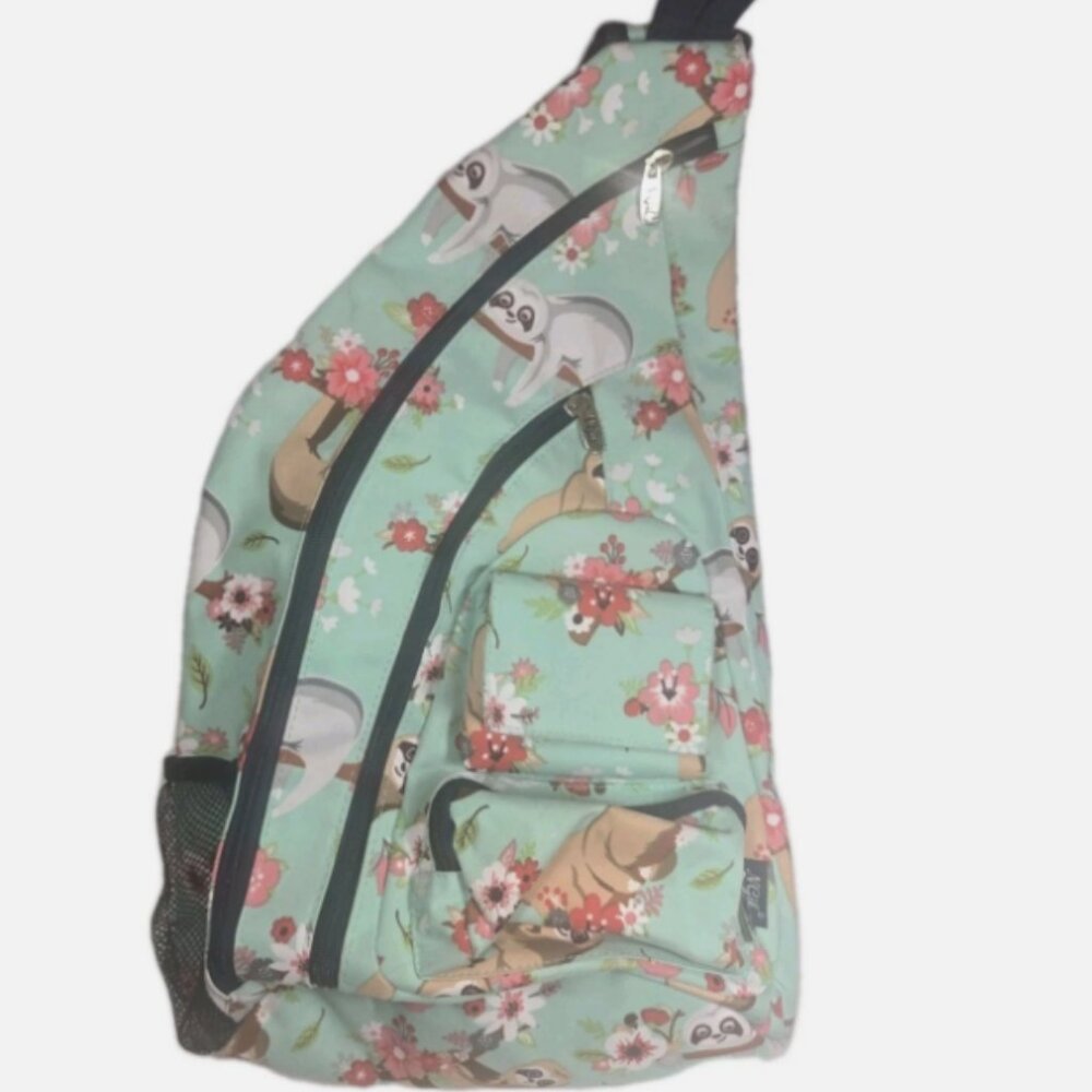 NGil Large Sling Backpack Mint Blue Green Sloth Floral Crossbody Shoulder Bag